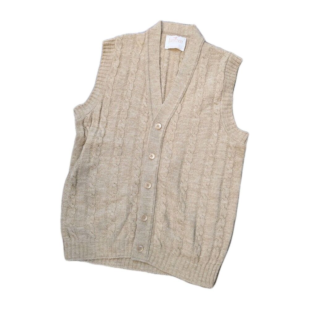 Vintage 60s Jantzen Sweater Vest Mens L Tan Cable Knit Grandpa  Acrylic USA